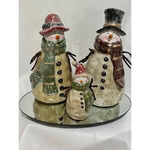 VINTAGE CHRISTMAS DECOR pottery SNOWMAN FAMILY W/ MIRROR HAND PAINTED Country
